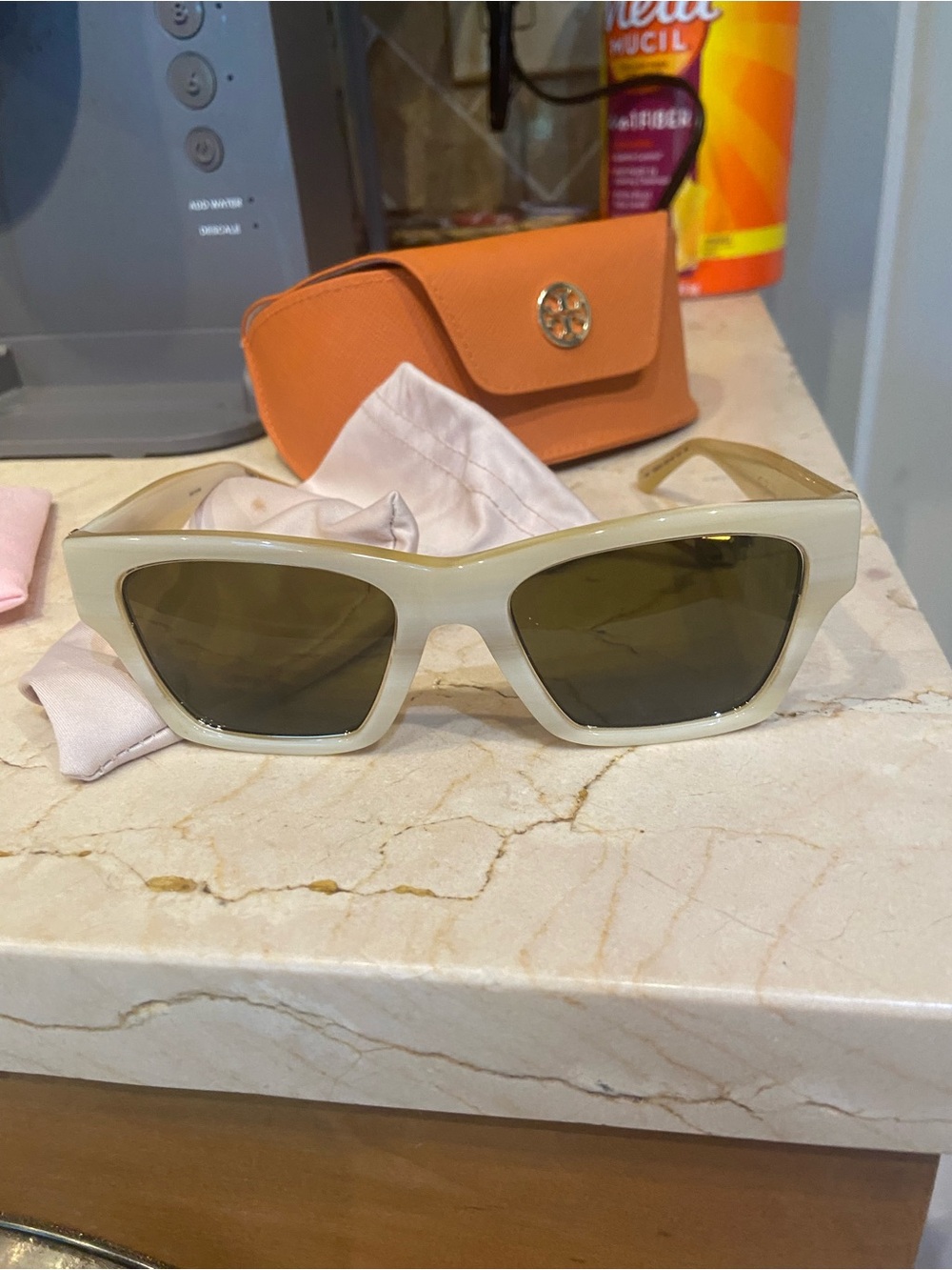 Tory Burch Ivory Rectangular Sunglasses with Dark Lenses